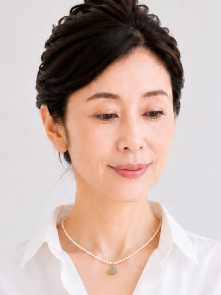 淡水パールとヒスイのネックレスを付けた女性