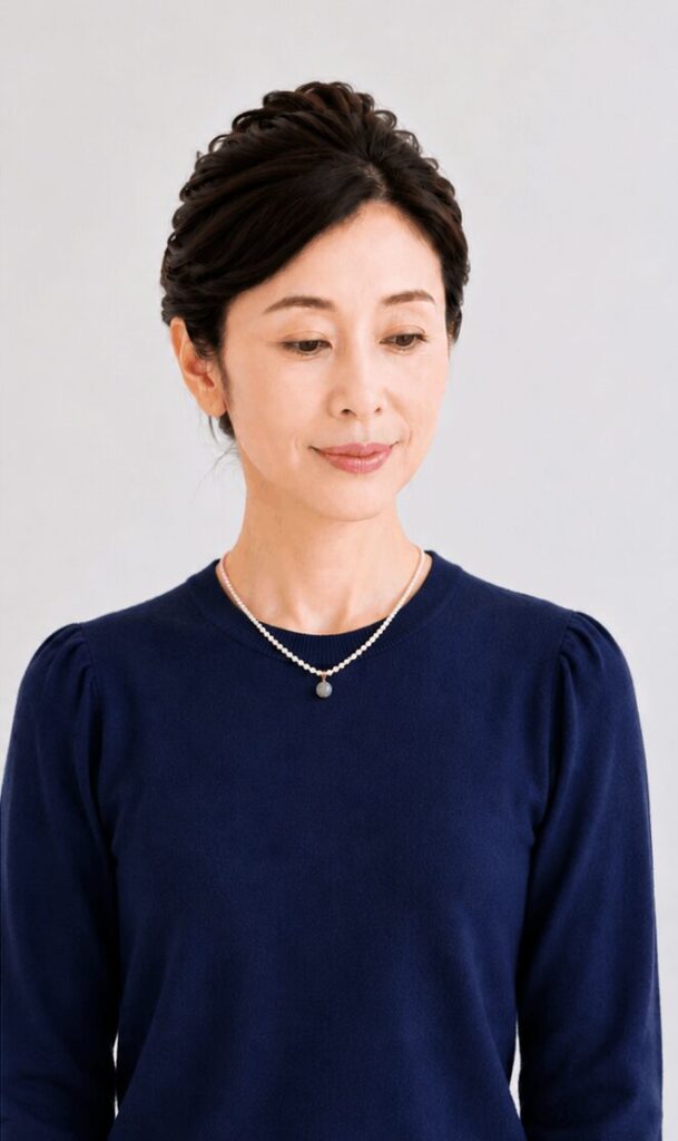 淡水パールとヒスイのネックレスを付けた紺ニット着用の中年女性