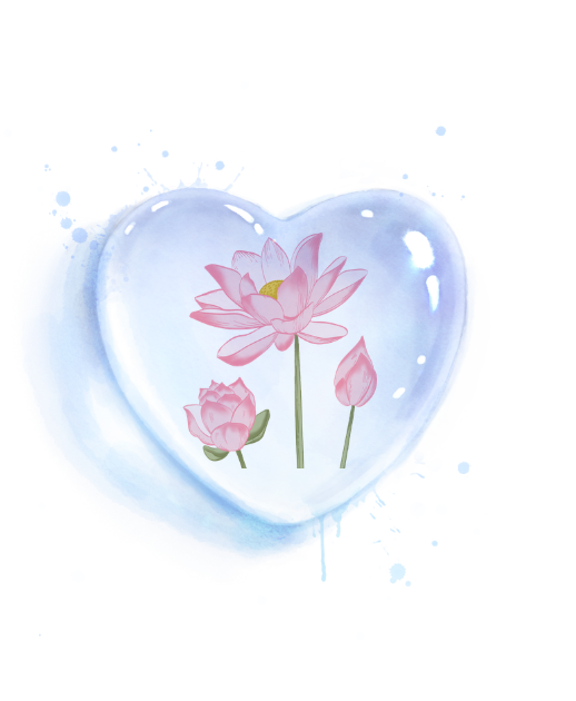 ハートの水滴の中に蓮の花がある